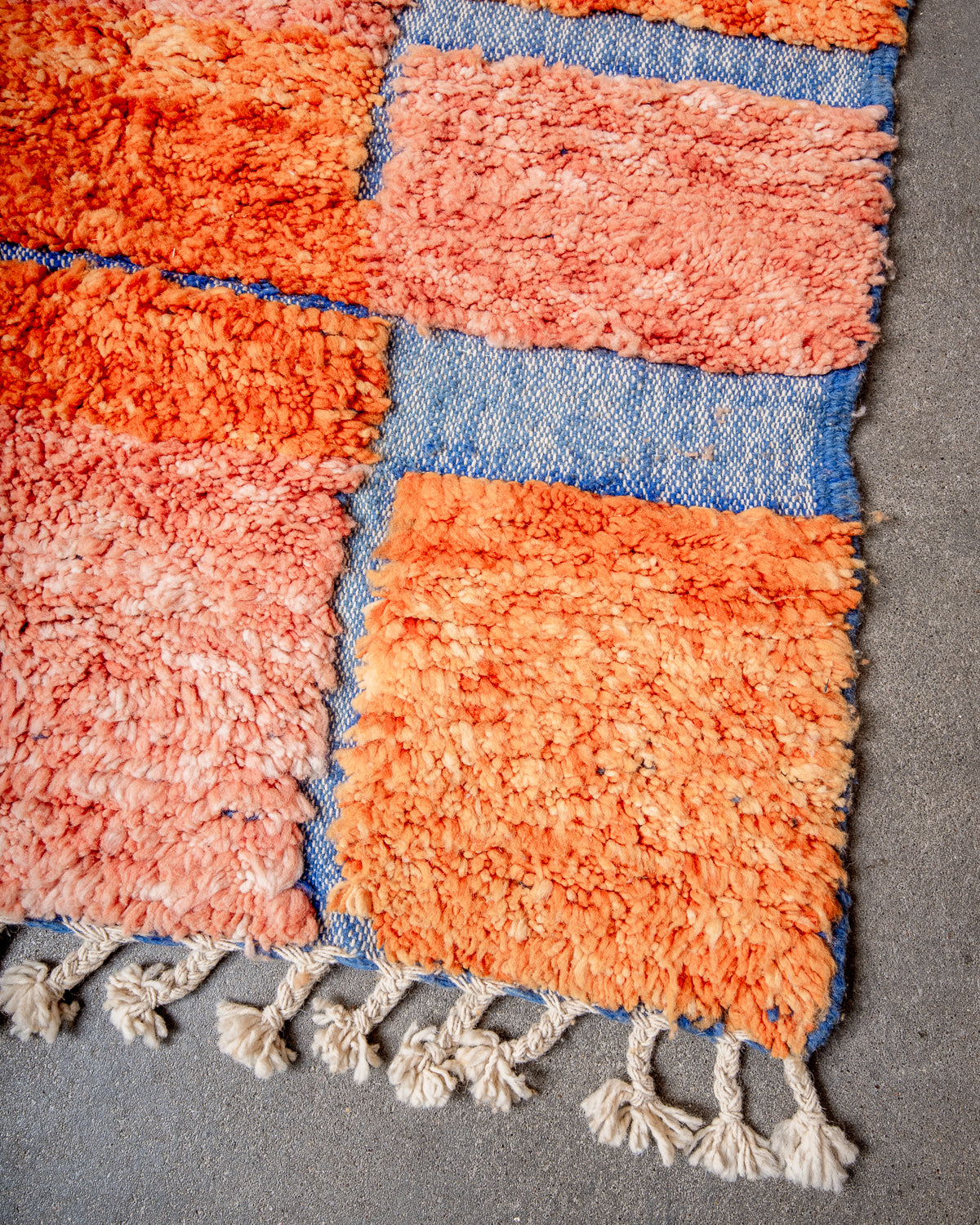 Modern, designer, handcrafted Berber rug from Morocco. Beniourain carpet with beautiful colours and patterns and fluffy wool texture.